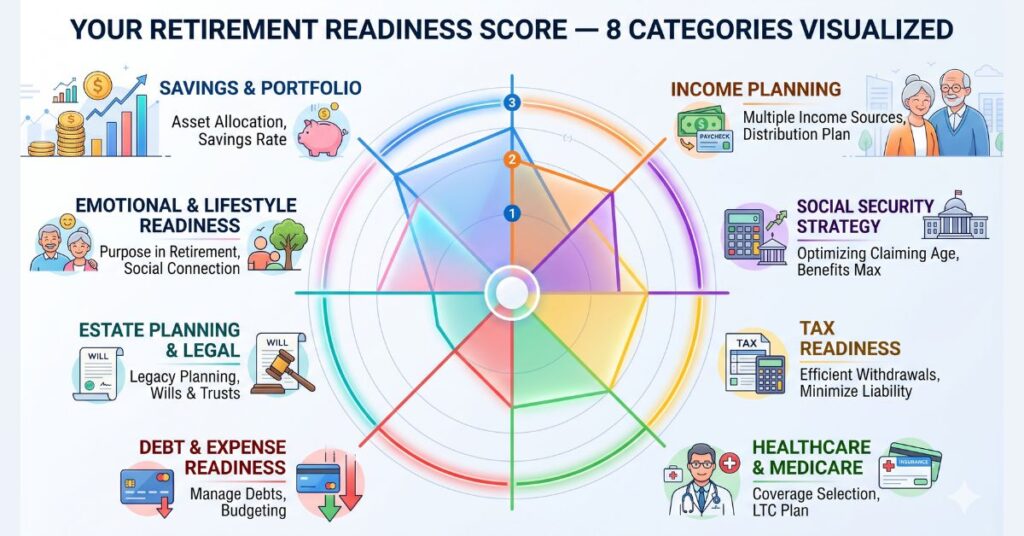 your retirement readiness score — 8 categories visualized