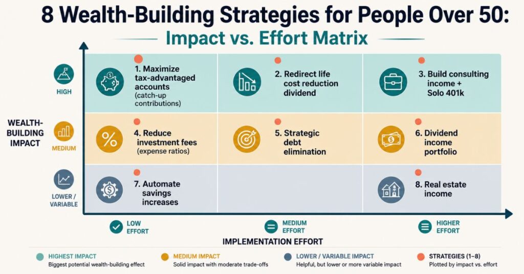8 Wealth-Building Strategies for People Over 50 - Impact vs. Effort Matrix